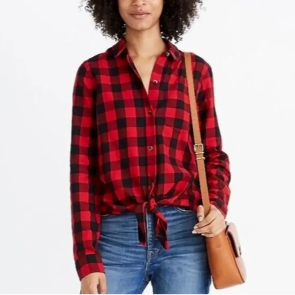 Madewell Size S Flannel Tie-Front Shirt Buffalo Check Red Black